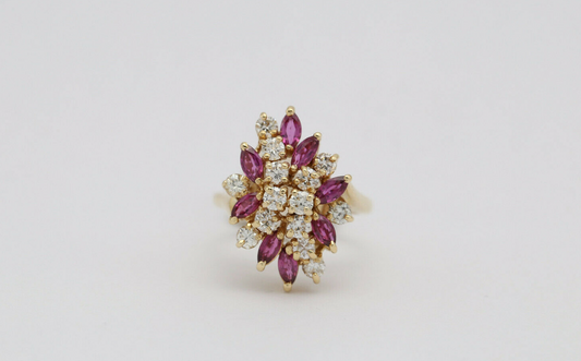 14k Yellow Gold Art Deco Diamond & Ruby Ring, Size 6.75 - 7.2g