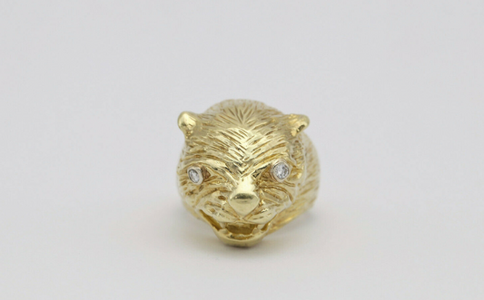 14k Yellow Gold Feline Diamond Ring, Size 7.5 - 22.1g