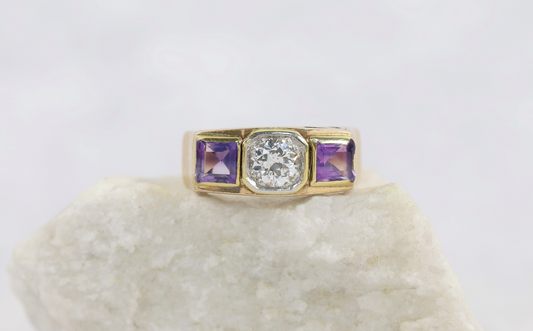 Vintage 14k Yellow Gold Filigree Amethyst & Diamond Ring, Size 6.75 - 5.6g