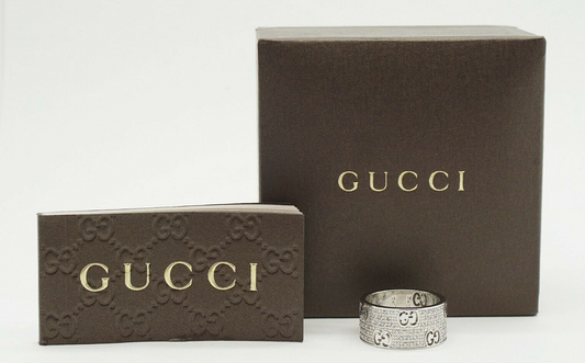 18k White Gold Gucci Logo Diamond Band Ring, Size 6.5 - 8.9g