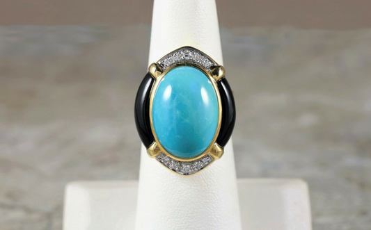 18k Yellow Gold Ladies Turquoise, Black Onyx & Diamond Ring, Size 6.75 - 16.6g