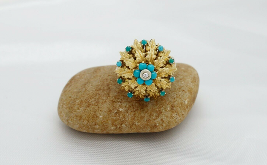 Vintage 18k Yellow Gold Ladies Blue Coral & Diamond Cocktail Ring, Size 8 - 12.1g