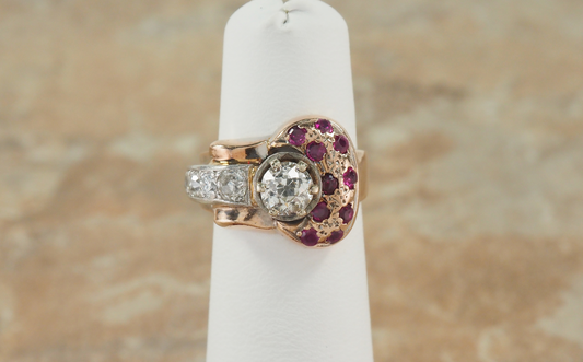 Vintage 14k Rose Gold & Platinum Ladies Diamond & Ruby Ring, Size 4.75 - 7.4g