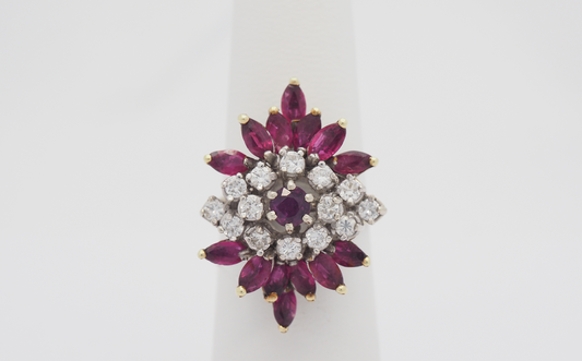 Vintage 14k White Gold Diamond & Ruby Cluster Ring, Size 6.75 - 7.6g