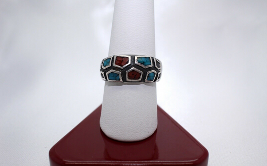 Sterling Silver Turquoise/Red Jasper Banded Ring, Size 9 - 6.8g