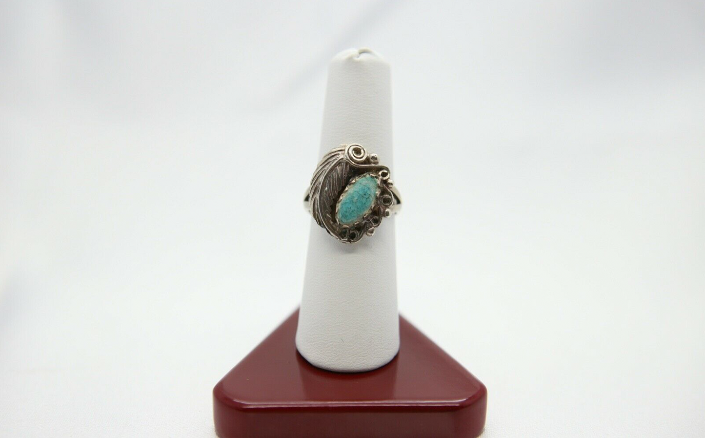 Sterling Silver Feather Ring with Turquoise, Size 7.75 - 5.5g