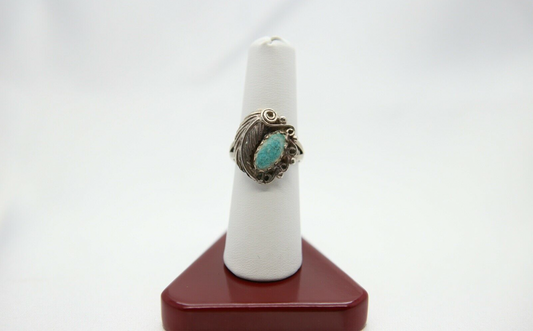 Sterling Silver Feather Ring with Turquoise, Size 7.75 - 5.5g