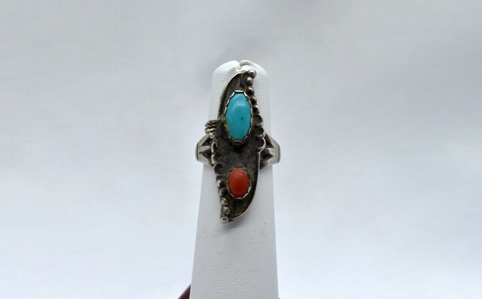 Sterling Silver Turquoise/Red Jasper Feathered Ring, Size 5.5 - 8.8g