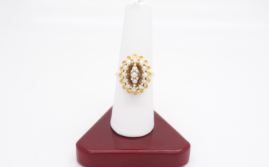 Vintage 18k Yellow Gold Pearl Cocktail Ring, Size 8 - 6.0g