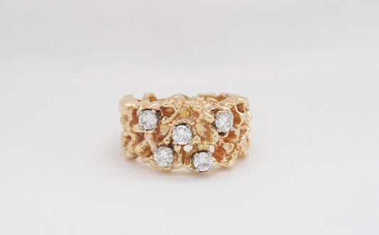 14k Yellow Gold Nugget Diamond Ring, Size 6 - 9.4g