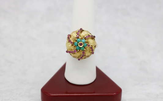 Vintage 18k Yellow Gold Ruby & Blue Coral Cocktail Ring, Size 8.5 - 10.9g