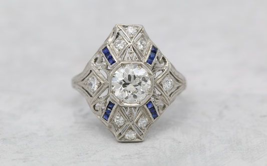 Vintage Platinum Diamond & Sapphire Ring, Size 6.5 - 3.8g