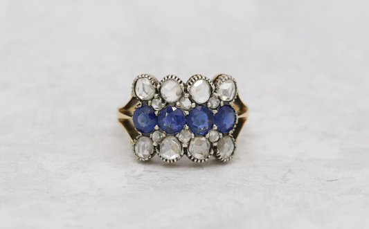 Antique 18k Yellow Gold Sapphire and Diamond Ring, Size 7.75 - 4.8g