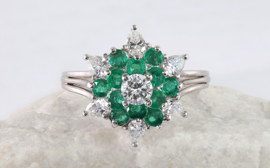 Platinum Diamond & Emerald Ring, Size 7.5 - 7.0g