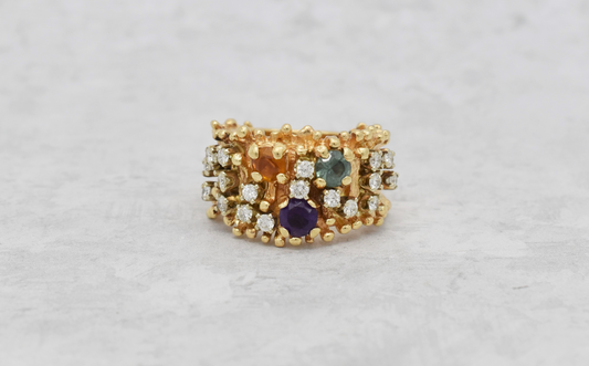 Vintage 14k Yellow Gold Multi-Gemstone Diamond Ring, Size 6.5 - 9.8g