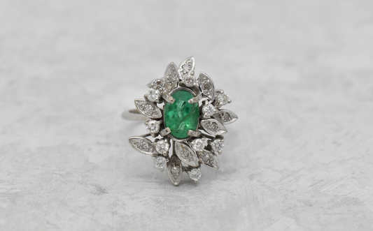 Vintage 14k White Gold Emerald & Diamond Cocktail Ring, Size 9 - 7.4g