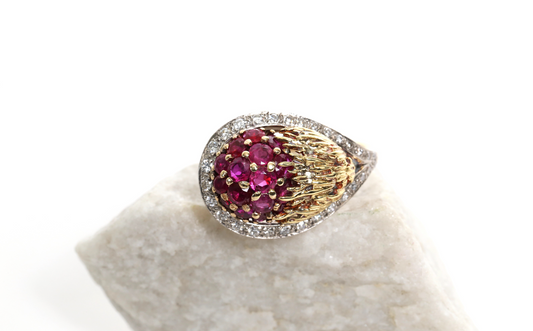 Vintage Erwin Pearl 1960s 18k Yellow Gold Diamond & Ruby Ring, Size 8.25 - 10.1g