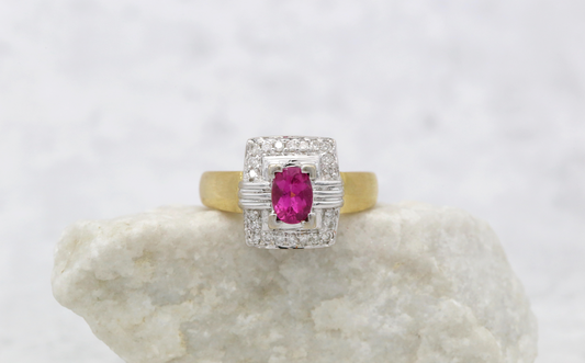 18k Yellow & White Gold Tourmaline & Diamond Ring, Size 7 - 7.4g