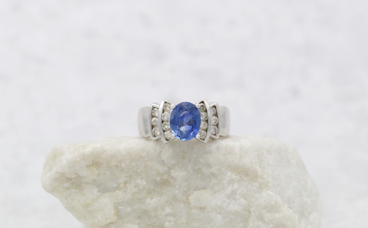 14k White Gold Ceylon Sapphire & Diamond Ring, Size 7 - 6.4g