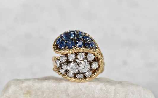 Vintage 18k Yellow Gold Sapphire & Diamond Cocktail Ring, Size 6.75 - 14.5g