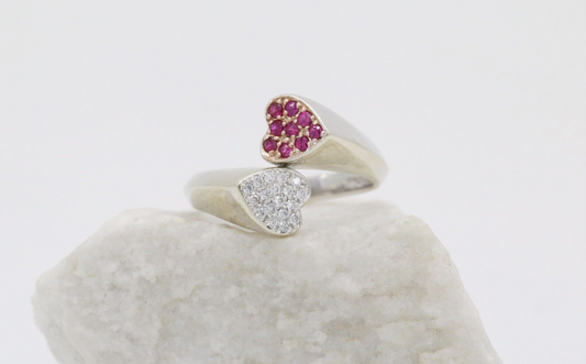 Sonia B. 14k White Gold Diamond & Ruby Double Heart Bypass Ring, Adjustable 7-11, 6.0g