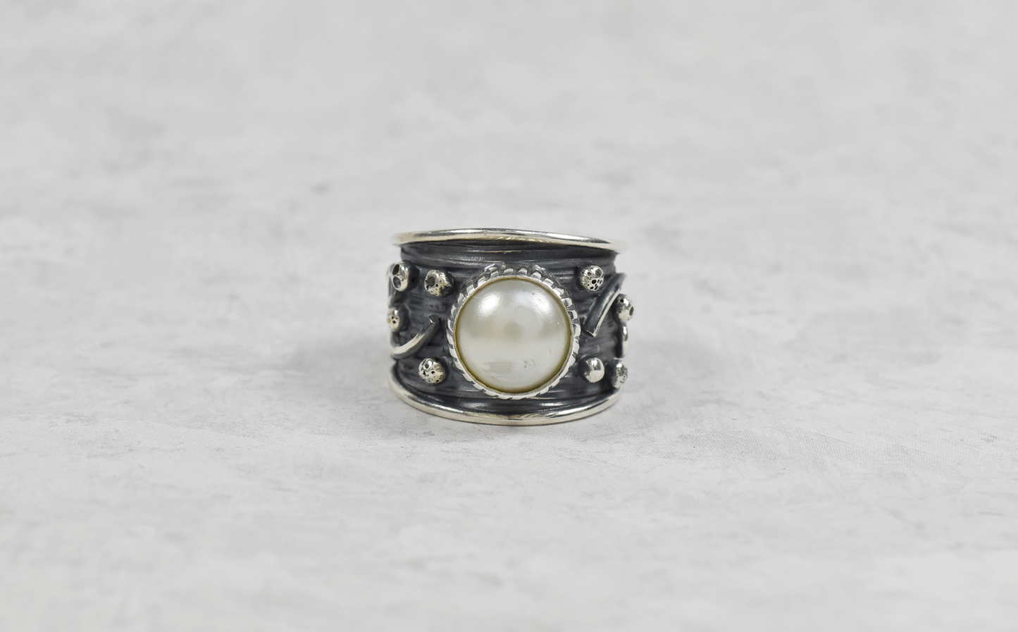 Sterling Silver 950 Adjustable Ring with Synthetic Pearl, Current size 6.5 - 8.7g