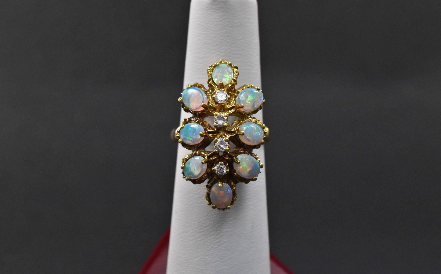 Vintage 14k Yellow Gold Cabochon Opal & Diamond Cocktail Ring, Size 6.75 - 6.3g