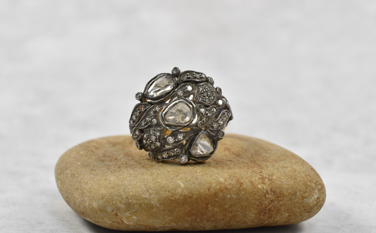 Antique 14k Yellow Gold & Platinum Victorian Diamond Cluster Ring, Size 8.75 - 6.2g