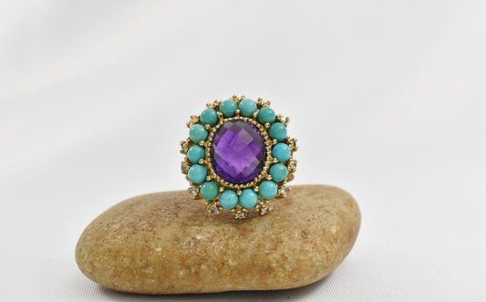 10k Yellow Gold Blue Coral & Amethyst Ring, Size 8.25 - 7.7g