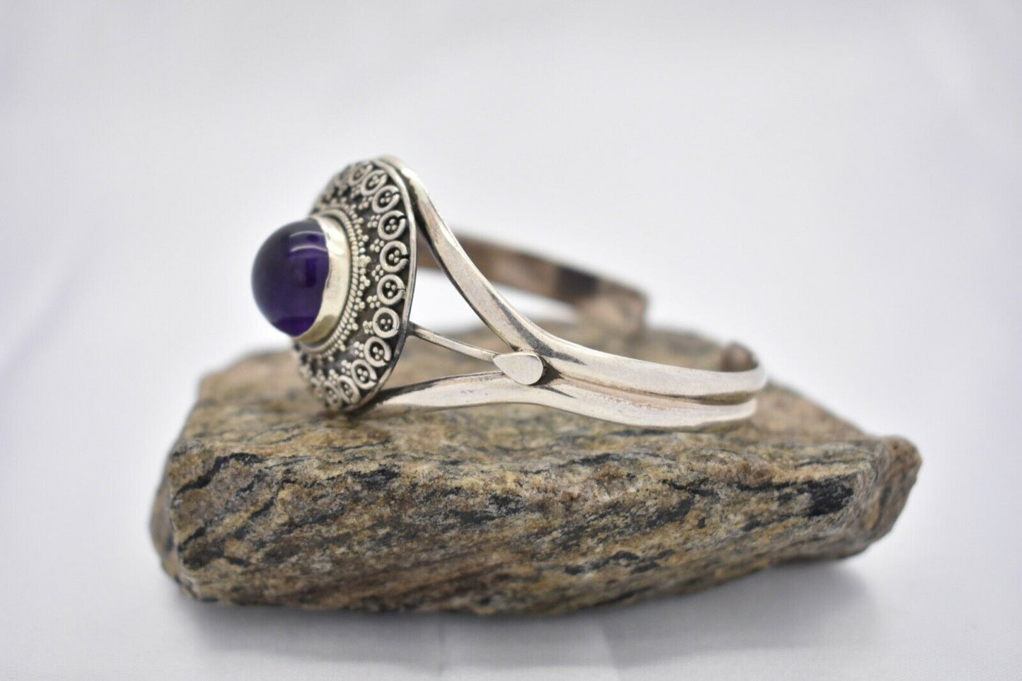 Sterling Silver Amethyst Cuff Bracelet, 7.5 inches (Adjustable) - 26.1g