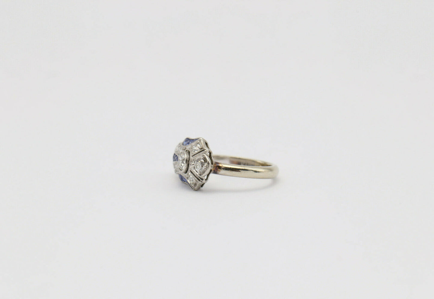 Victorian 14k White Gold Ladies Sapphire & Diamond Pinky Ring, Size 2.75 (up to size 8) - 3.2g