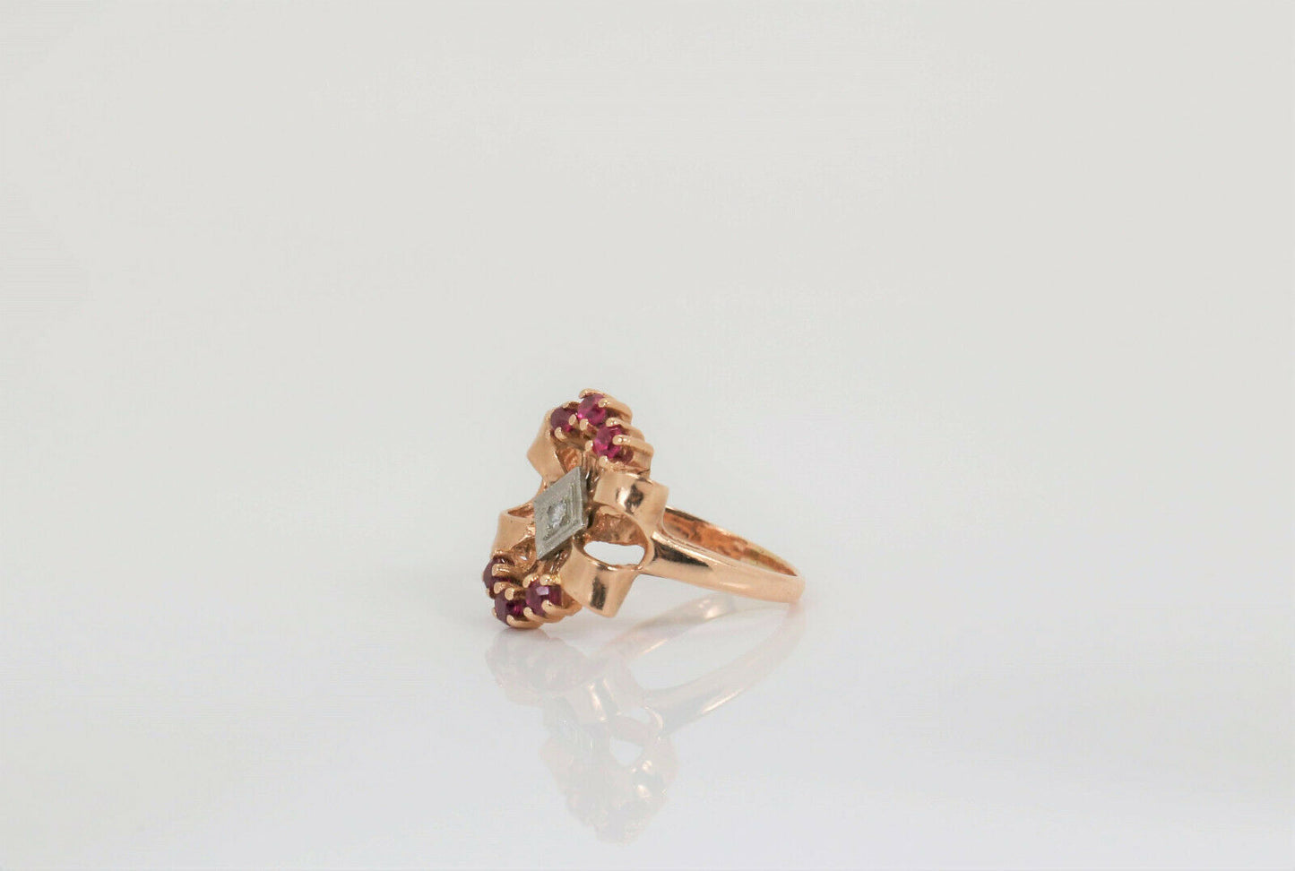 Vintage 14k Rose Gold Art Deco Diamond & Ruby Ring, Size 7.75 - 4.5g