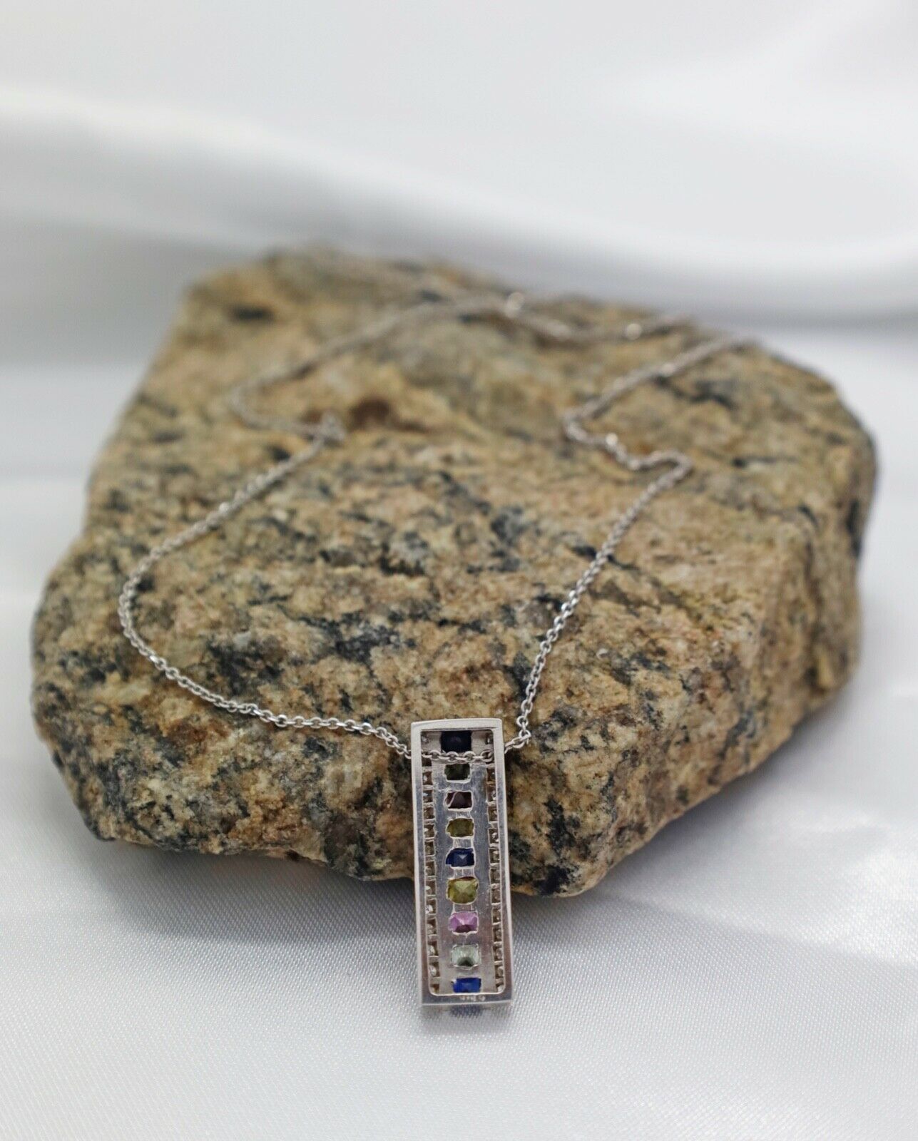14k White Gold Diamond & Gemstone Pendant Necklace, 18 inches - 5.7g