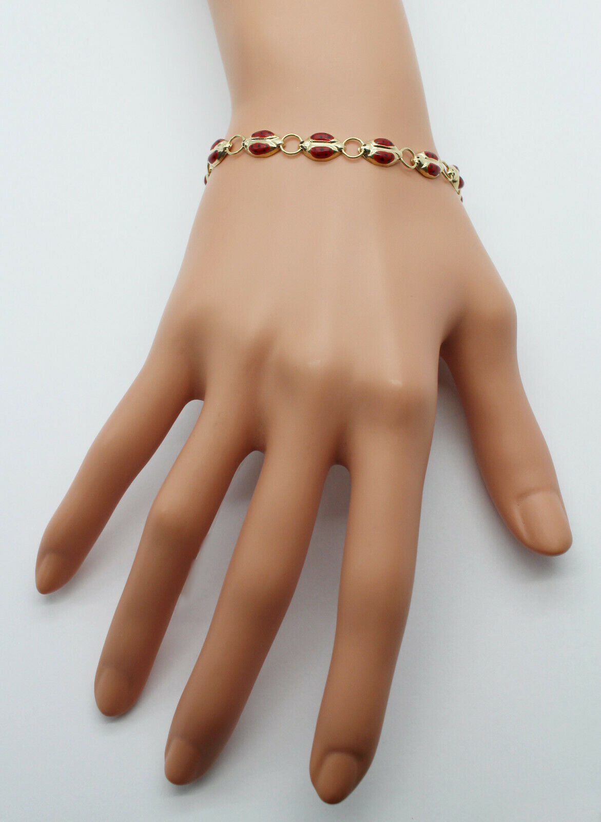 14k Yellow Gold Ladybug Enamel Bracelet, 7.5 inches - 4.6g