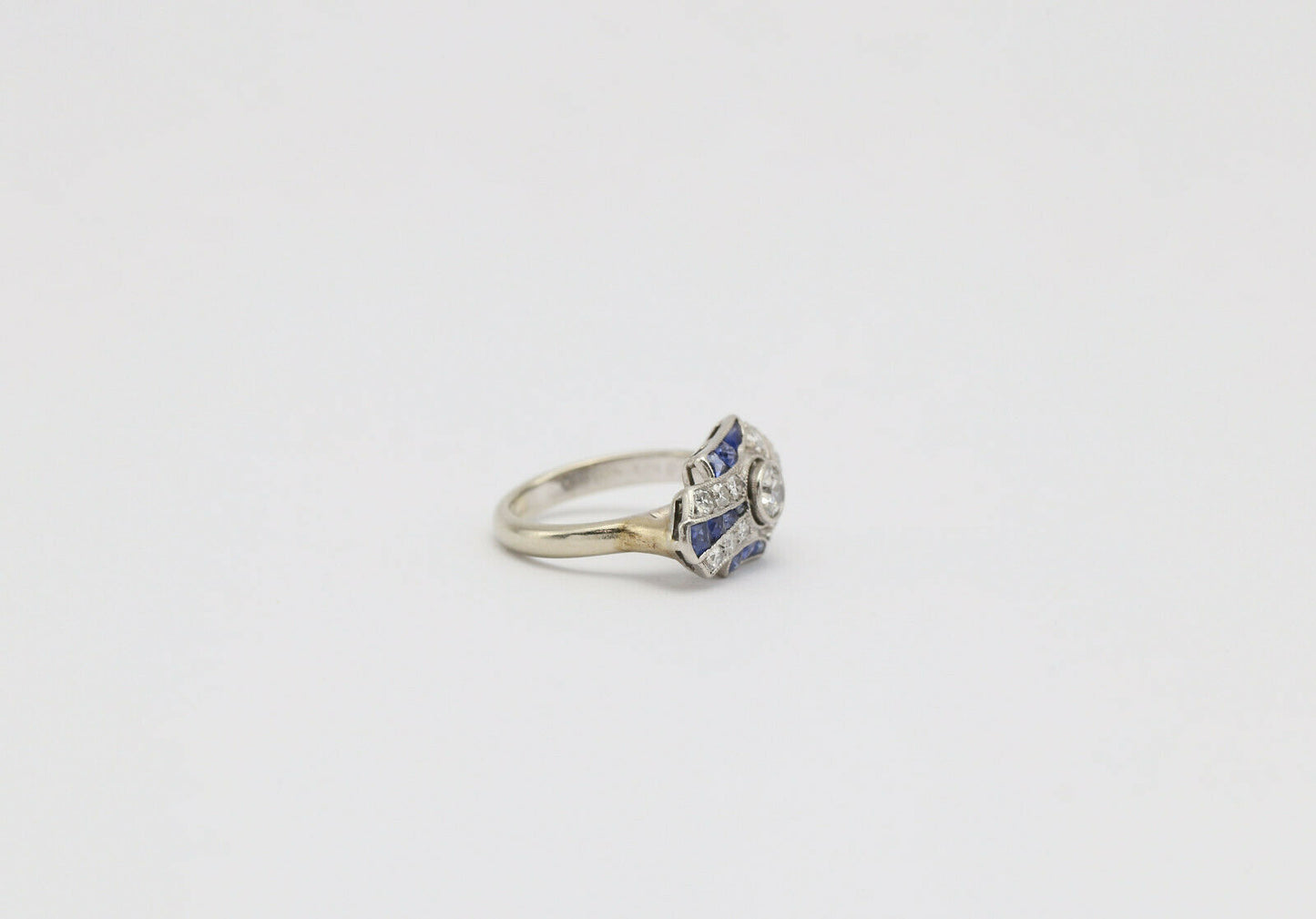 Victorian 14k White Gold Ladies Sapphire & Diamond Pinky Ring, Size 2.75 (up to size 8) - 3.2g