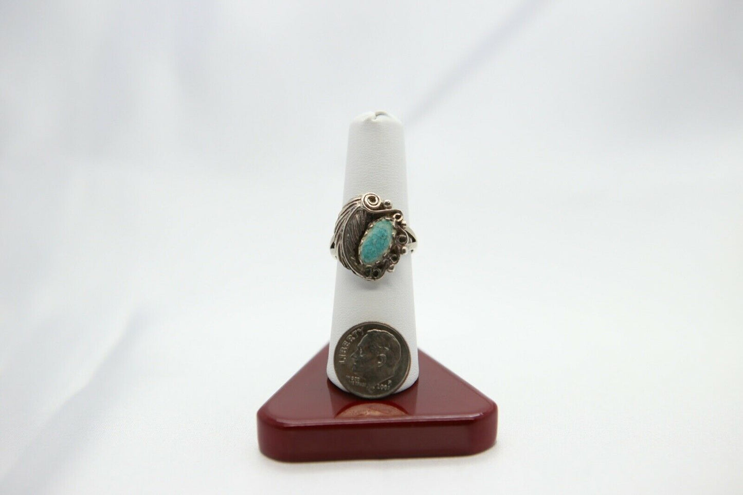 Sterling Silver Feather Ring with Turquoise, Size 7.75 - 5.5g