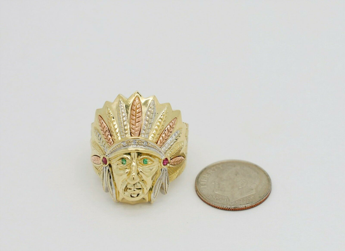 14k Tricolor Gold Traditional Native American Chief Head, Size 9.5 - 12.2g