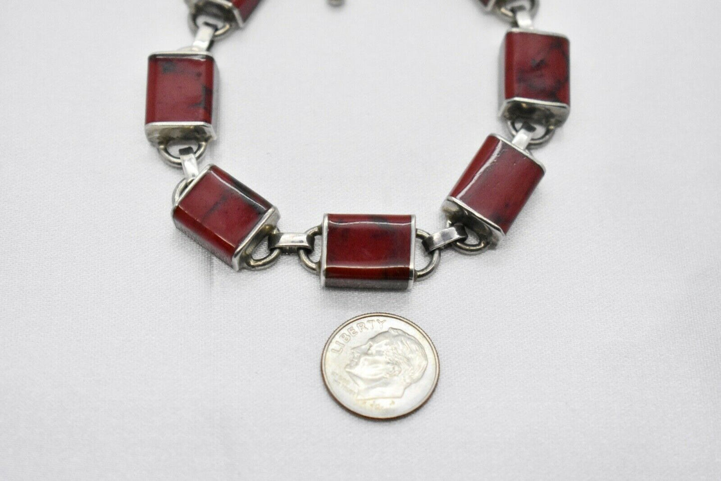 Sterling Silver Red Jasper Stone Link Bracelet, 7 Inches - 32.6g