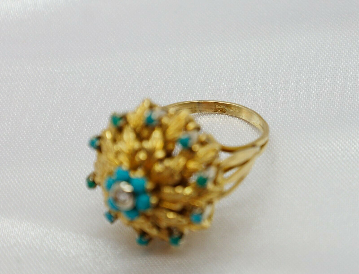 Vintage 18k Yellow Gold Ladies Blue Coral & Diamond Cocktail Ring, Size 8 - 12.1g