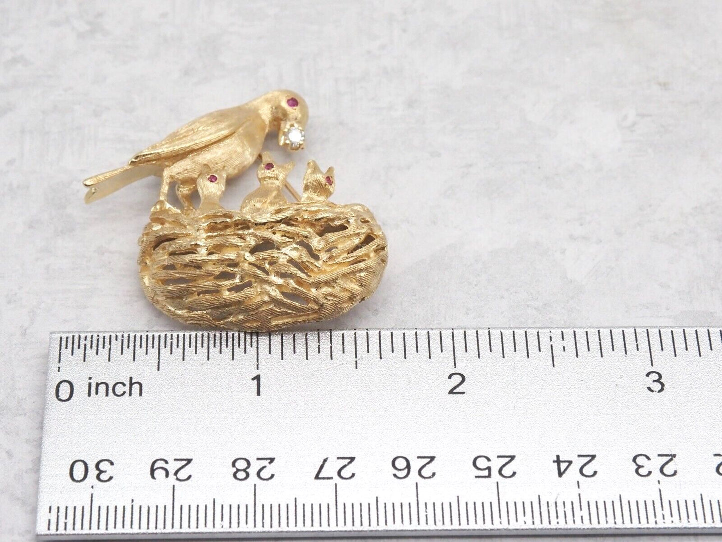 Vintage Frank J Golden 14k Yellow Gold Rubies & Diamond Bird Nest Brooch - 21.6g