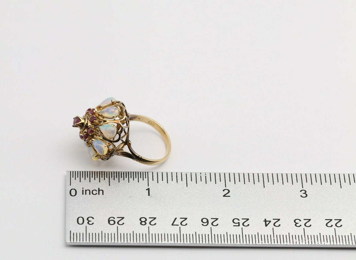 Vintage 14k Yellow Gold Cocktail Ring with Opal & Rubies, Size 7 - 6.1g