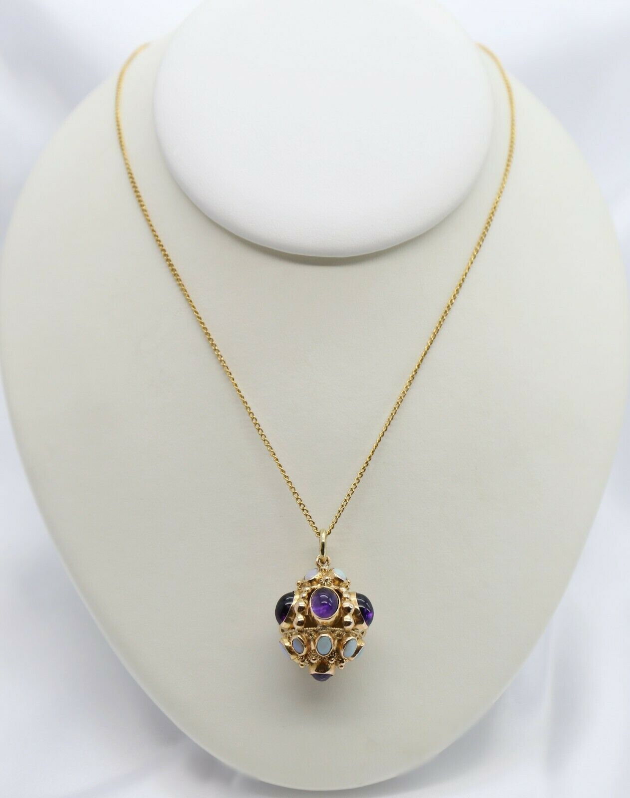 19.2k Portuguese Gold Necklace with Amethyst & Opal Pendant, 28 inches - 14.3g