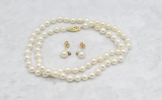 14k Yellow Gold Pearl Necklace & Pearl & Sapphire Earring Set